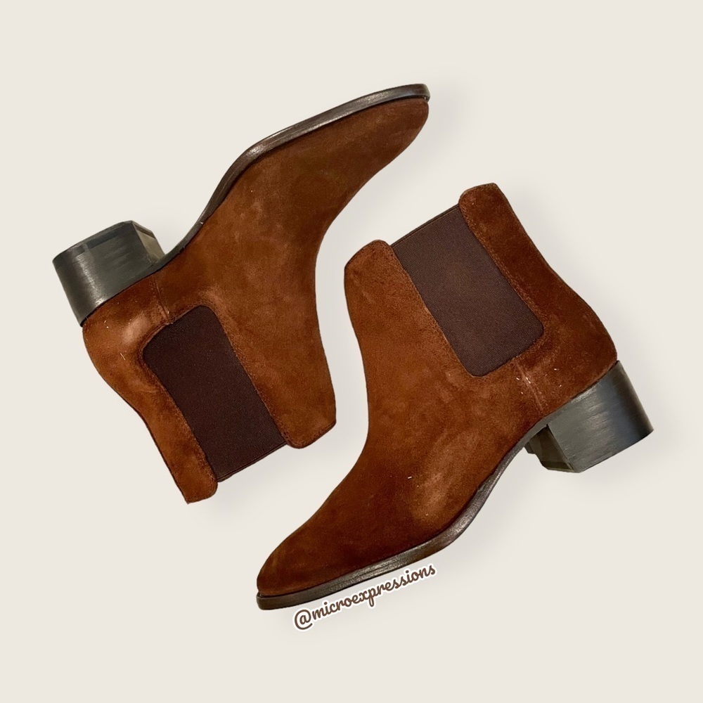 $359 Frye Dara Genuine Leather Brown Oiled Suede Chelsea Low Heel Ankle Boots - Picture 7 of 16